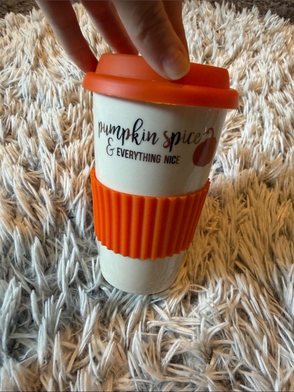 Pumpkin Spice Travel Mug with Orange Silicone Lid & Sleeve